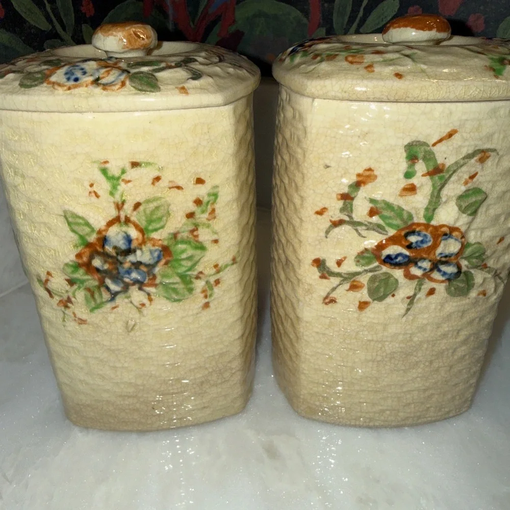 Vintage‎ Flour And Sugar Canisters Country Kitchen Basket Weave Lattice Floral